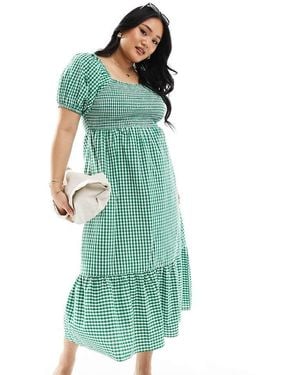 Esmee Curve Off Shoulder Puff Sleeve Gingham Ruched Bust Maxi Beach Dress - Green