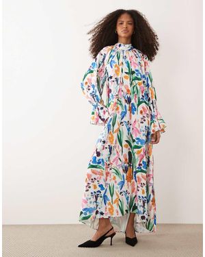 Iyal Vestido Largo Vaporoso Con Estampado Floral Luminoso Efecto Acuarela, Cuello Alto Y Puños Ajustados - Azul