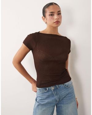 ASOS Textured Mesh Slash Neck Short Sleeve Top - Brown