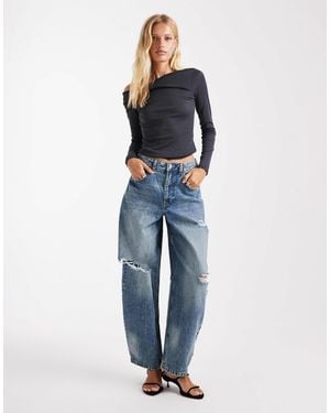 ASOS High Waisted Barrel Leg Jeans With Rips - Blue