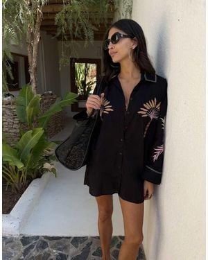 Never Fully Dressed Embroidered Palm Longline Beach Shirt Cover Up - Multicolour