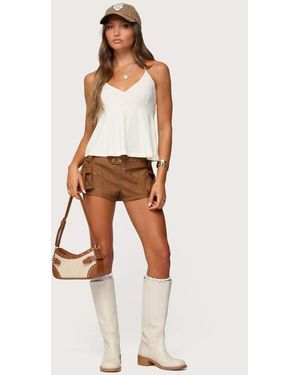 Edikted Washed Faux Leather Micro Cargo Shorts - Natural