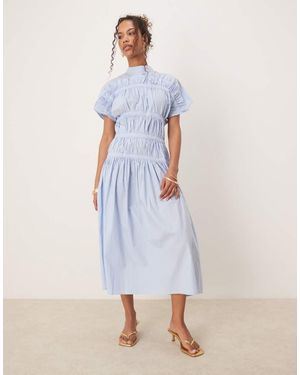 Ghospell Vestido Midi Fruncido Con Cuello Alto De - Blanco