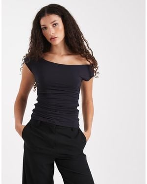WeWoreWhat Asymmetric Ruched Off Shoulder Crop Top - Black