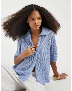 Vero Moda Short Sleeve Floral Crochet Knit Button Front Polo Top - Blue