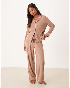 ASOS Asos Design Petite Long Sleeve Super Soft Pajama Set - Natural