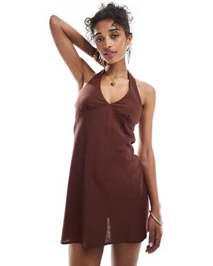 Bershka Halterneck Linen Mini Dress - Purple