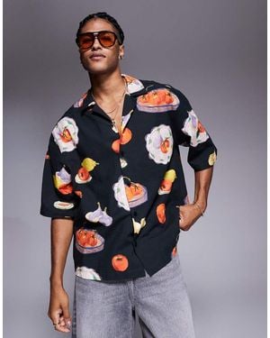 ASOS Boxy Oversized Revere Printed Shirt - Grey