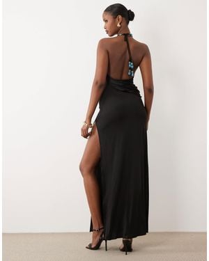 Oh Polly Embellished Halter Neck Drape Detail Maxi Dress - Black