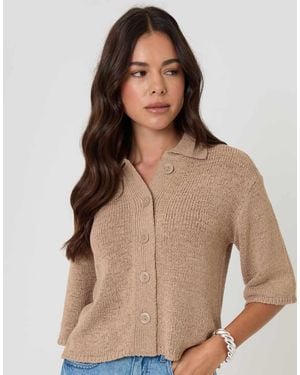 Threadbare Knitted Yarn Button Up Polo Shirt - Brown