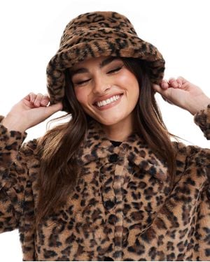 Pieces Faux Fur Bucket Hat - Brown