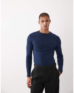 ASOS Muscle Fit Long Sleeve T-shirt With Henley Neck - Blue