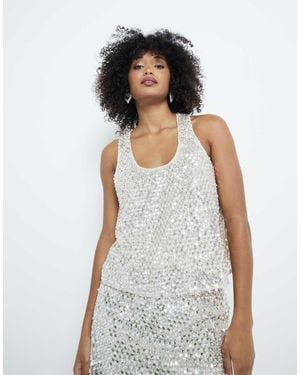 River Island Sequin Racer Tank Top - White