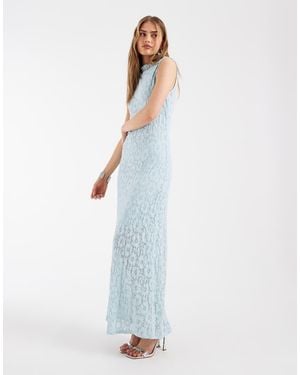 Object Vestido Largo Azul Pastel Sin Mangas Con Cuello Alto Y Diseño Integral De Encaje Floral - Blanco