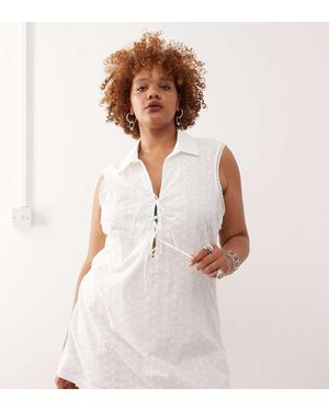 Noisy May Tie Front Broderie Polo Dress - White