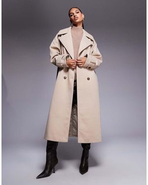 Aria Cove Wool Look Heavyweight Collared Trench Style Maxi Coat - Natural