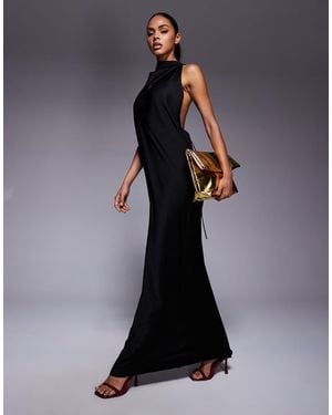 ASOS Satin High Neck Maxi Dress With Hardware Trim Detail - Blue