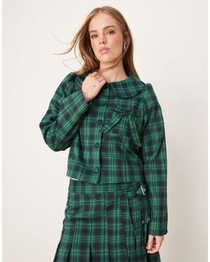 Neon Rose Tartan Bow Detail Cropped Jacket Co-ord - Green