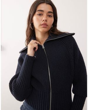 Weekday Rib Knit Zip Through Cardigan - Blue