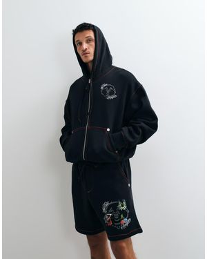 TRUE RELIGION Buddha Face Back Print Graphic Boxy Fit Zip Up Hoodie Co-ord - Blue