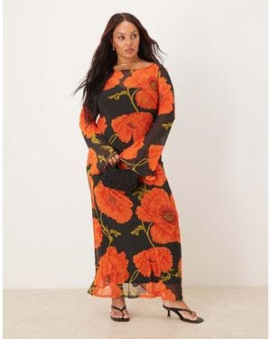 Never Fully Dressed Long Sleeve Mesh Maxi Dress - Orange