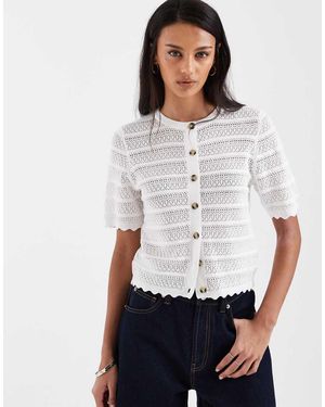 Brave Soul Crochet Knit Short Sleeve Cardigan With Scallop Detail - White