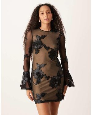 Amy Lynn 3d Bell Sleeve Mini Dress With Cut-out Back - Black