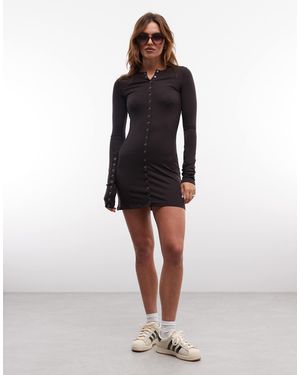Weekday Long Sleeve Mini Dress With Press Stud Detail - Brown