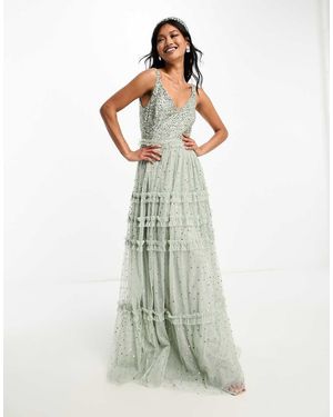 Maya Bridesmaid Maxi Tulle Dress With Tonal Delicate Sequin And Full Skirt - Green