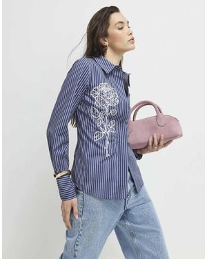 River Island Striped Long Sleeve Embroidered Shirt - Blue