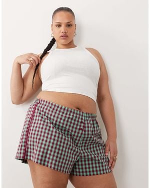 ASOS Asos Design Curve Textured Gingham Pajama Boxer Shorts With Lace Trim - White