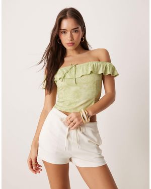 Motel Yokai Retro Paisley Print Bardot Top - Green