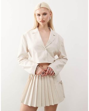 Collusion Cropped Tie Back Woven Blazer - Natural