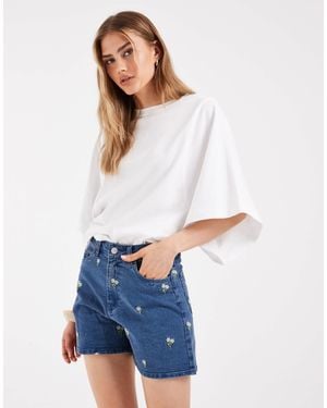 Pieces Floral Embroidered Denim Shorts - White