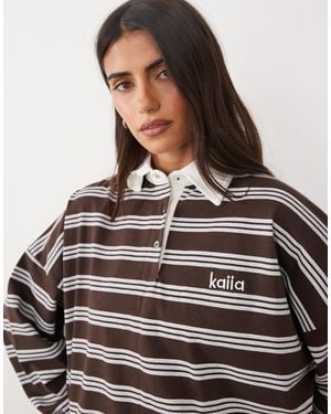 Kaiia Oversize-rugbytop mit kragen, langärmelig, - Grau