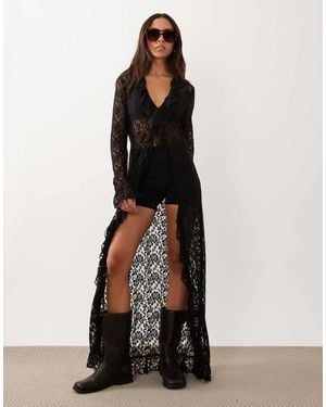 Lioness Long Nights Sheer Lace Kimono Top - Black