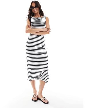 French Connection Vestido Midi Acanalado A Rayas Azul Marino Y Blancas Con Cuello Barco De - Blanco