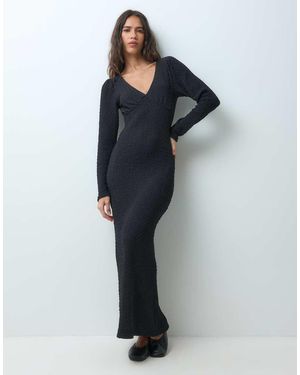 Pieces Vestido Largo Texturizado Con Cuello De Pico En - Azul