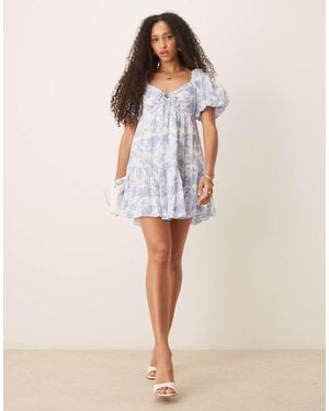 Gina Tricot Puff Sleeve Tie Front Mini Dress - Natural
