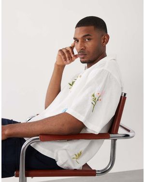 ASOS Boxy Oversized Shirt With Linen With Floral Embroidery - White