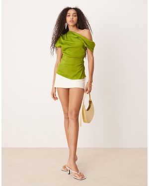 Mango Satin Off The Shoulder Blouse With Draped Neckline - Green