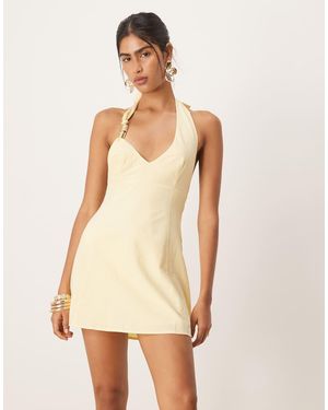 SNDY'S Linen Look Metal Detail Halterneck A Line Mini Dress - Natural