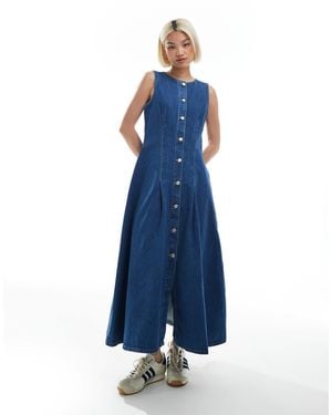 ASOS Button Down Denim Maxi Dress With Waist Darts - Blue