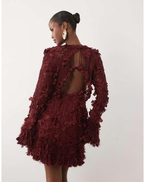 ASOS 3d Floral Embellished Broderie Mini Dress With Faux Feather Trim - Red