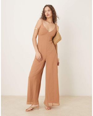 ASOS V Neck Sheer Panel Chiffon Jumpsuit - Brown