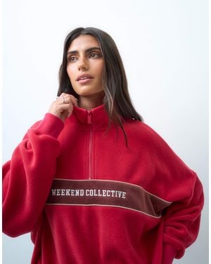 ASOS Weekend Collective Half Zip Polar Fleece With Stripe Logo Detail - Red