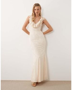 ASOS Burnout Devore Ruffle Soft V-neck Maxi With Godets - Natural