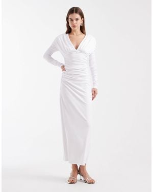 4th & Reckless Ruched Drape Drop Shoulder Plunge Neck Maxi Dress - White