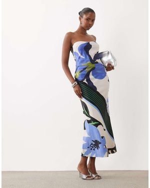 ASOS Satijnen Bandeau Maxi Jurk Met Abstracte Print En Contrasterende Voering - Wit