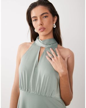 Y.A.S High Neck Scarf Detail Satin Drapey Midi Dress - Green